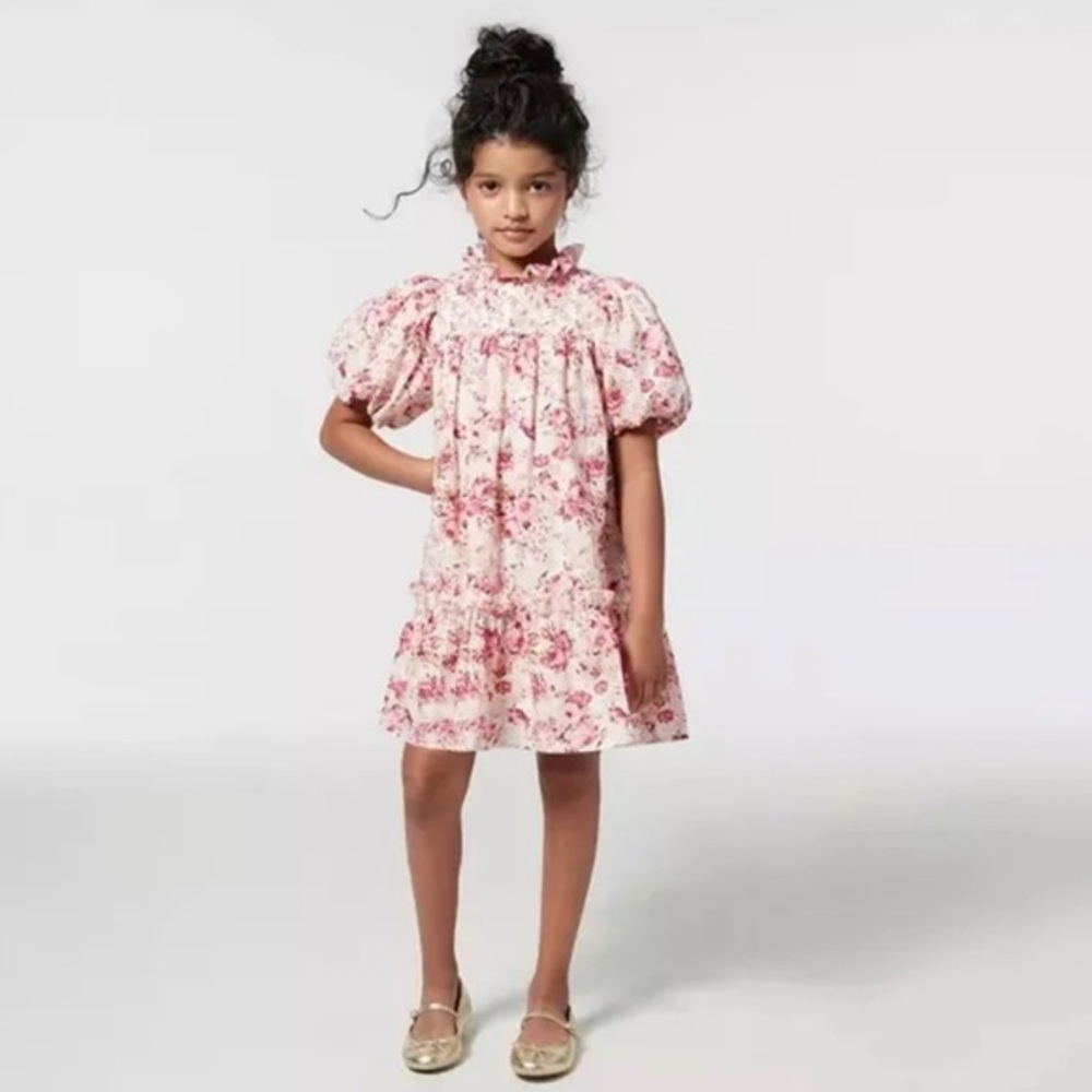 Janie and Jack Pink and Cream Babydoll Dress with Ruffled Mock Neck